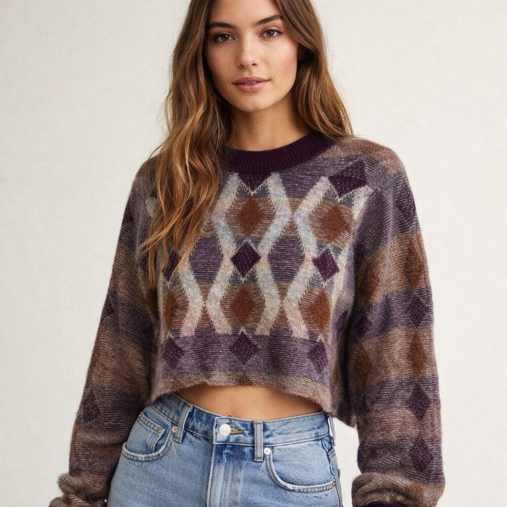 Free People Diamond Days Cropped Sweater Womens Size M Earthy Brown Boho Mohair
